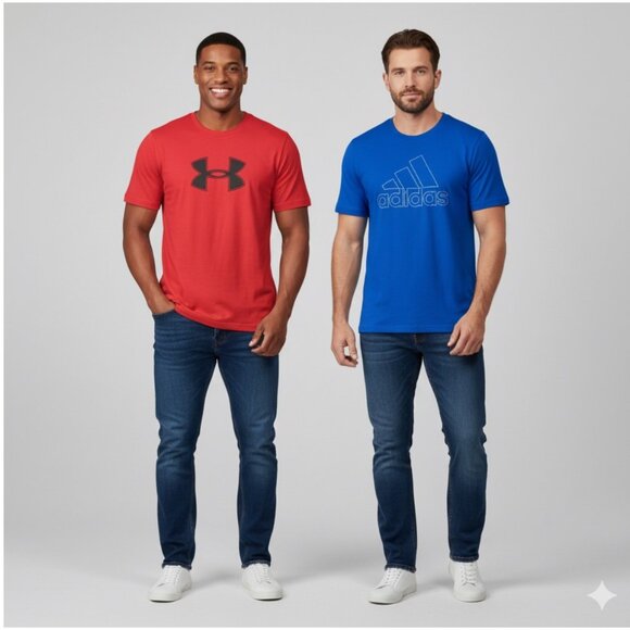Lot of 2 Adidas & Under Armour Mens Cotton T-Shirts Bundle XL Red & Blue - Picture 1 of 14